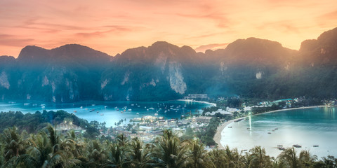 Wall Mural - aerial view of phi-phi island during purple sunset