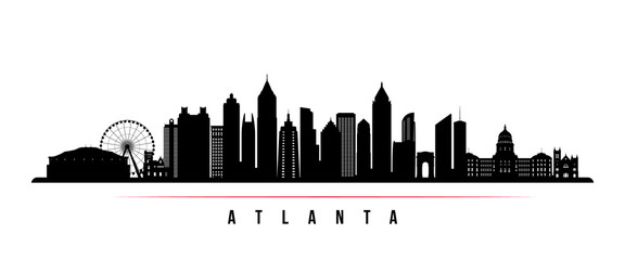 Sticker - Atlanta city skyline horizontal banner. Black and white silhouette of Atlanta city, USA. Vector template for your design.