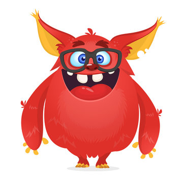 Vector cartoon of a red fat and fluffy Halloween monster with big ears wearing glasses. Funny troll or gremlin character
