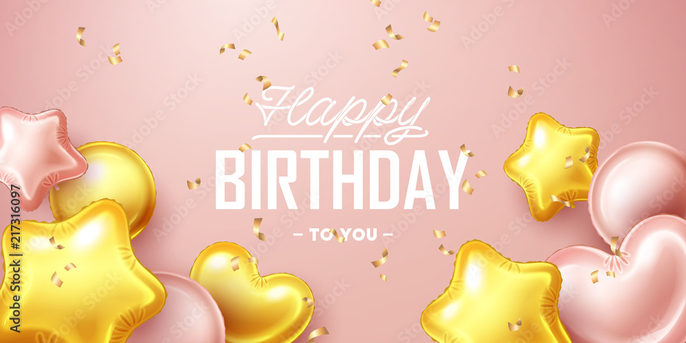 Happy Birthday background with pink and gold floating balloons. Vector ...