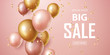 Sale banner with pink and gold floating balloons. Vector illustration.
