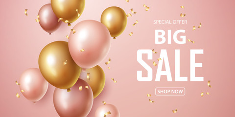 Sale banner with pink and gold floating balloons. Vector illustration.