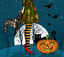 Halloween Night. Witch With Wizard Hat In Hand, Black Cat And Pumpkin, Big Moon On Background