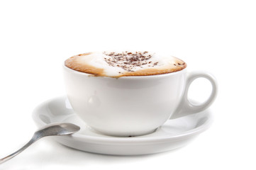 Full cup of hot aromatic coffee on saucer with spoon. Good Morning Coffee Isolated on white background