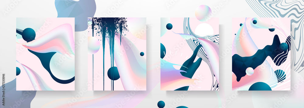 Abstract Fluid creative templates, cards, color covers set. Geometric design, liquids, shapes. Trendy vector collection. Pastel and neon design, geometric fluid graphic shape, in vector background. - obrazy, fototapety, plakaty 