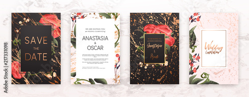 Wedding invitation frame set; flowers, leaves, watercolor, minimal vector. Sk...