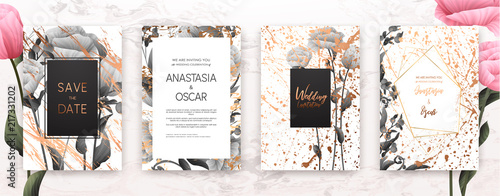 Wedding invitation frame set; flowers, leaves, watercolor, minimal vector. Sk...