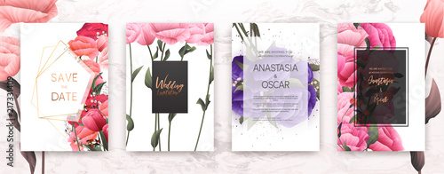 Wedding invitation frame set; flowers, leaves, watercolor, minimal vector. Sk...
