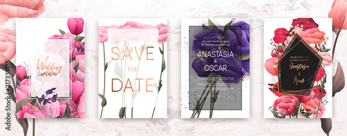 Wedding invitation frame set; flowers, leaves, watercolor, minimal vector. Sk...