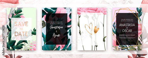Wedding invitation frame set; flowers, leaves, watercolor, minimal vector. Sk...