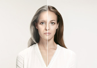 Fototapete - Comparison. Portrait of beautiful woman with problem and clean skin, aging and youth concept, beauty treatment and lifting. Before and after concept. Youth, old age. Process of aging and rejuvenation