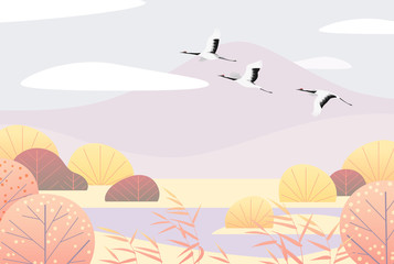 Wall Mural - Simple Autumn  Lanscape with Flying Japanese Cranes