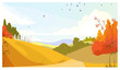 Countryside landscape with bushes and meadows. Landscape, nature, autumn concept. Flat style vector illustration. For leaflets, brochures, wallpapers, posters or banners.
