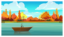 Lake With Empty Boat And Autumn Trees In Background. Nature, Countryside Concept. Flat Style Vector Illustration. For Leaflets, Brochures, Wallpapers, Posters Or Banners.