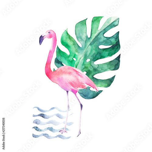 Abstract tropical poster with flamingo. Summer  design. Hand drawn illustration