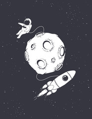 Wall Mural - lonely astronaut with spaceship circling around moon.vector illustration