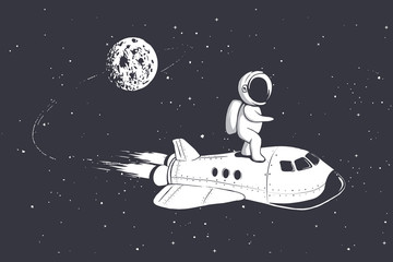 Wall Mural - astronaut fly on space shuttle from the moon.vector illustration