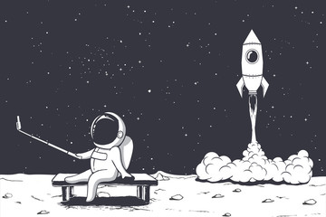 Wall Mural - astronaut photographs himself on moon against the background of a rocket .space theme.vector illustr