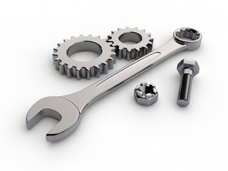 Wall Mural - Image, illustration of spanner with gears, reducer, nuts and bolt on white isolated background. The key of stainless steel, shiny chrome plated. 3D rendering. Depth of field, blurred image.