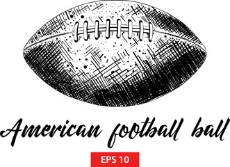 Vector engraved style illustration for posters, decoration and print. Hand drawn sketch of american football ball in black isolated on white background. Detailed vintage etching style drawing.