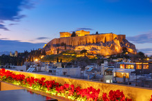 Aerial View Of The Acropolis Hill, Crowned With Parthenon During Evening Blue Hour In Athens, Greece