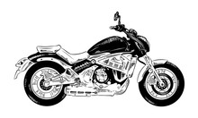 Vector Engraved Style Illustration For Posters, Decoration And Print. Hand Drawn Sketch Of Motorcyrcle In Black Isolated On White Background. Detailed Vintage Etching Style Drawing.