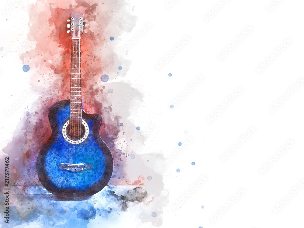 Abstract beautiful acoustic guitar in the foreground on Watercolor painting background and Digital illustration brush to art. - obrazy, fototapety, plakaty 