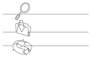 Wall Mural - banner design - continuous line drawing of business icons: looking glass, upload folder, connection 