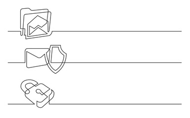 Sticker - banner design - continuous line drawing of business icons: mail folder; protection shield; security lock