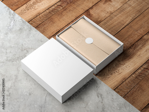 Download Opened White Gift Box Mockup With Kraft Wrapping Paper And Round Label On Modern Floor Stock Illustration Adobe Stock