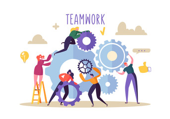 Wall Mural - Business Teamwork Concept. Flat People Characters Running Gears Mechanism. Engineering Product Development. Vector illustration