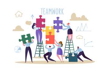 Wall Mural - Business Teamwork Concept. Flat People Characters with Pieces of Puzzle. Partnership, Solution Cooperation. Vector illustration