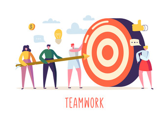 Wall Mural - business teamwork concept with flat people characters and target. goal achievement, motivation, lead