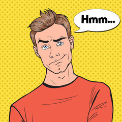 Pop Art Concerned Man Portrait. Thoughtful Worried Guy Facial Expression. Vector illustration