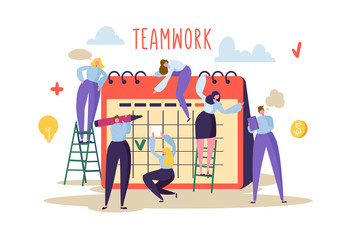 Wall Mural - business teamwork concept. flat people characters working together and planning schedule on desk cal