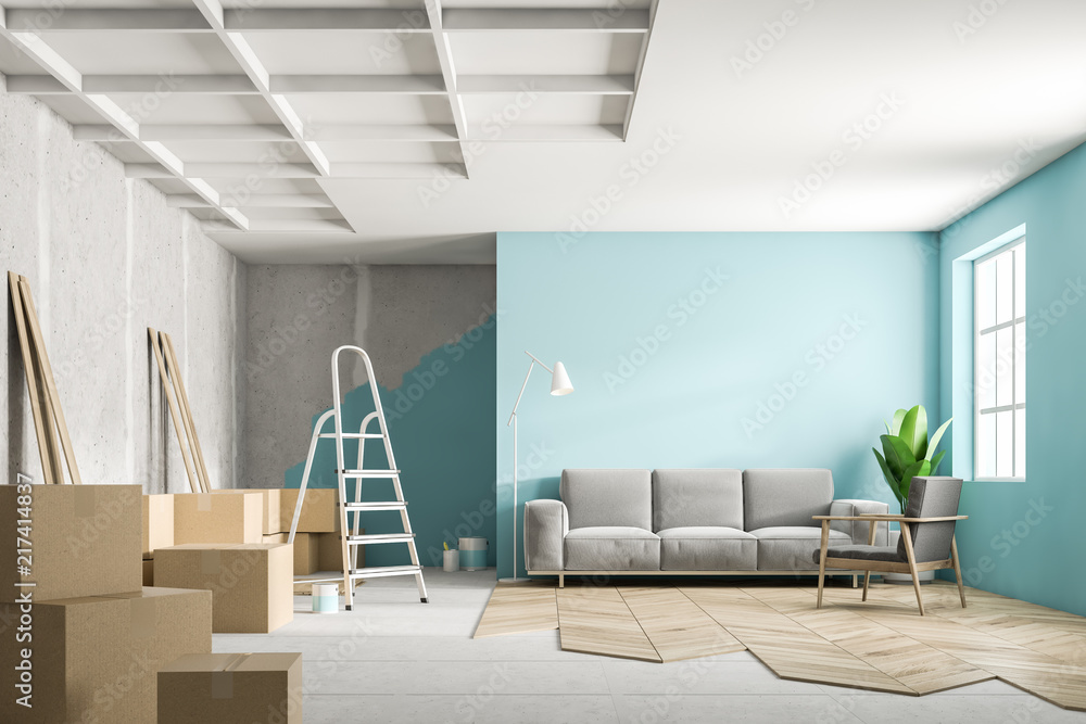 Blue living room interior during renovation - obrazy, fototapety, plakaty 