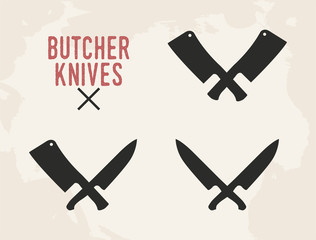 Wall Mural - Kitchen knives set. Meat cleaver and kitchen knife. Vintage design. Vector illustration.