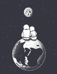 Wall Mural - astronaut girl and boy looks to moon from earth.love in space.romantic vector illustration