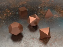 Geometric Shapes Octahedron, Tetrahedron, Hexahedron, Dodecahedron, Icosahedron In Bronze, Gold And Copper, In The Set, Against The Background Of The Old Rusty Metal. 3D Rendering