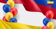 Colombian patriotic template with copy space. Realistic waving colombian flag and colorful helium balloons on transparent background. Independence and freedom, democracy and patriotism vector banner