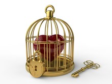 The Image Of The Golden Cage And A Red Heart, Symbol Of Valentine's Day, The Lovers ' Holiday. Heart In A Cage, Closed On The Lock And A Golden Key. The Idea Of Captivity, Of The Holiday. 3D Rendering