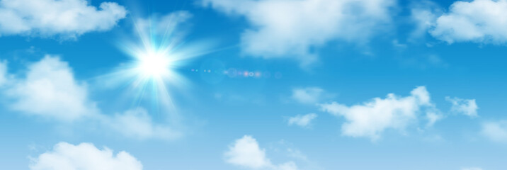 Sunny background, blue sky with white clouds and sun