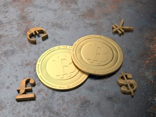 The image of two gold coins of bitcoin on the rusty metal, and metal currency symbols, rusty, old. The idea of cryptocurrency development, benefits and priority. Illustration. 3D rendering