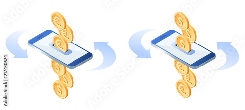 The Exchange Of Euros To Dollars Currency Conversion Process The Exchange Of Euros To Dollars Currency Conversion Process Flat Vector Isometric Ilration Euro Coins Metal Smart Phone
