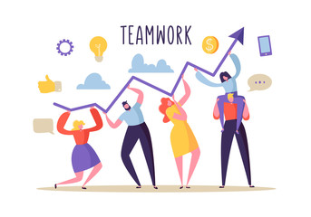 Wall Mural - business teamwork concept. flat people characters working together and holding graph arrow. financia