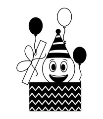 Wall Mural - birthday face emoticon in gift box balloons black and white