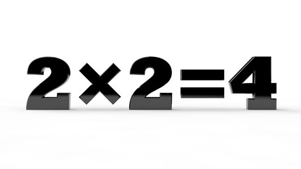 3D rendering of a formula of multiplying 2 and result 4, the element of the school curriculum in the training of the first class. Black on a white background