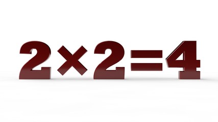 3D rendering of a formula of multiplying 2 and result 4, the element of the school curriculum in the training of the first class. Red on a white background