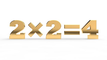3D rendering of a formula of multiplying 2 and result 4, the element of the school curriculum in the training of the first class. gold on a white background