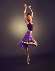 Sticker - Ballerina. Young graceful woman ballet dancer, dressed in professional outfit, shoes and violet weightless skirt is demonstrating dancing skill. Beauty of classic ballet dance. 
